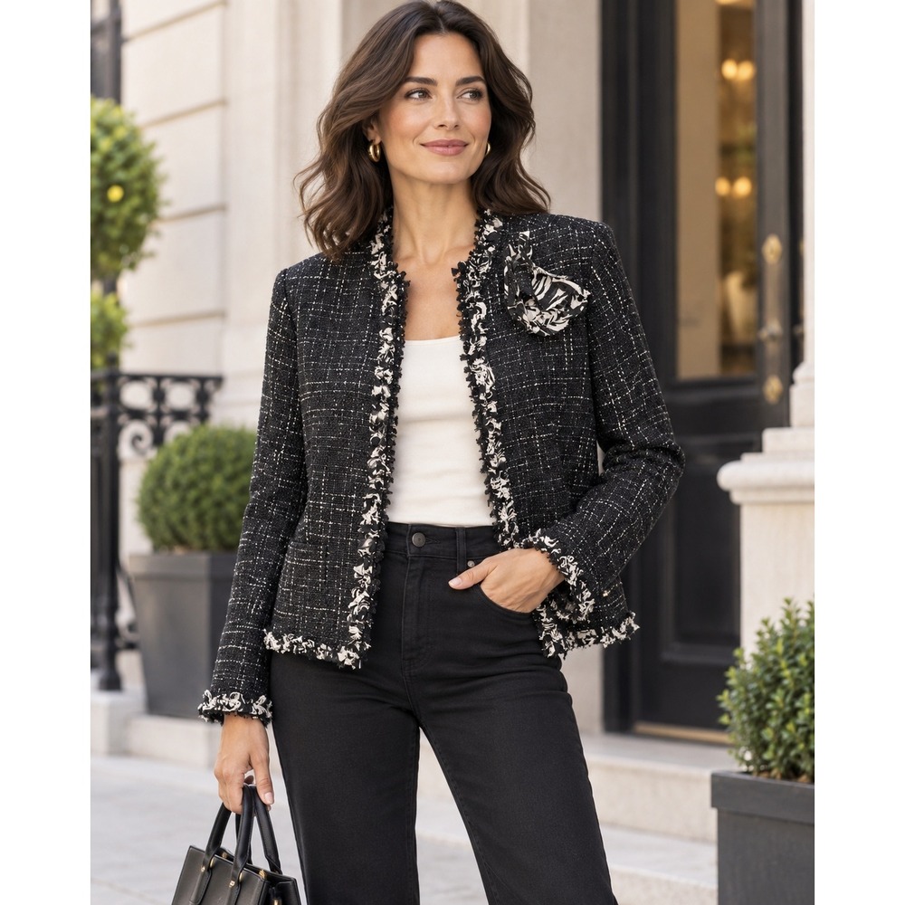 Nipon Boutique Black White Tweed Fringe Blazer Jacket Silk Rosette Accent Sz 14